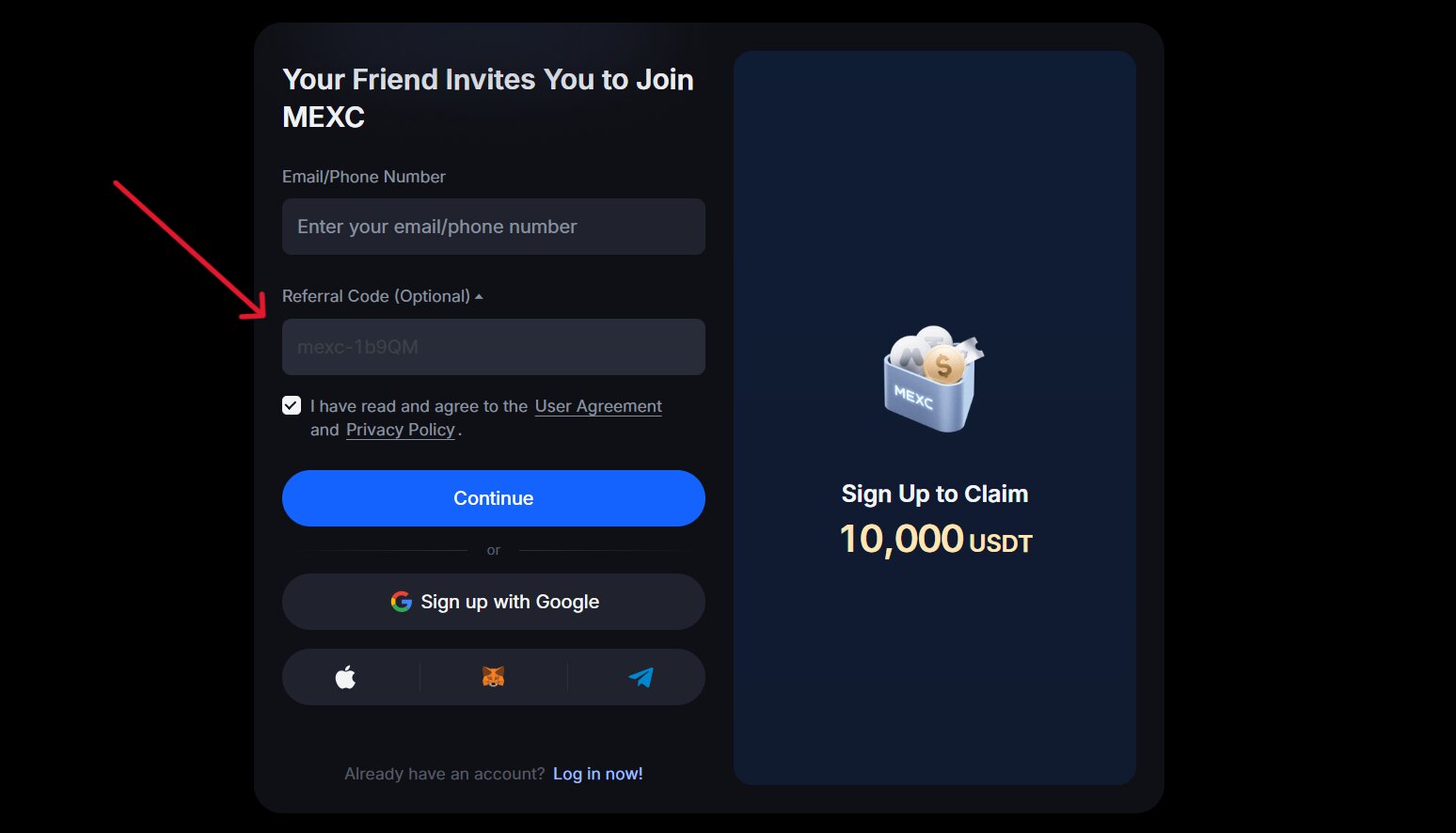 enter code during signing up
